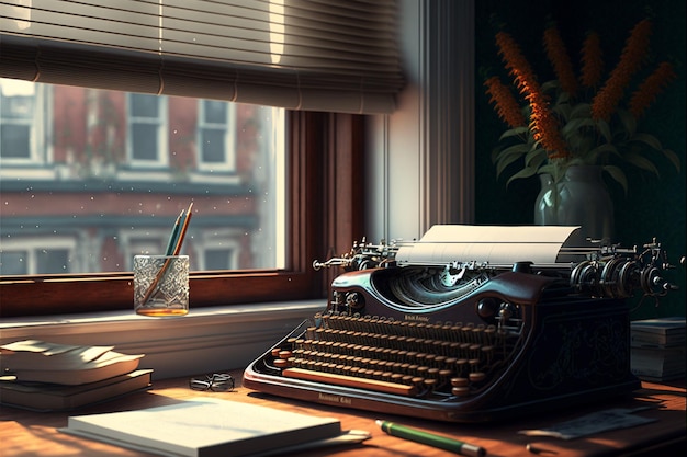 Máquina de escribir y libros junto a la ventana.