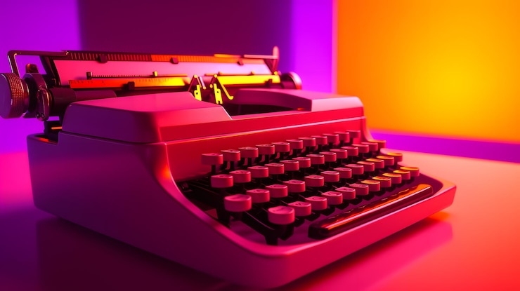 Una máquina de escribir con una luz naranja neón detrás