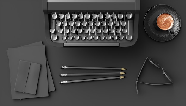 Máquina de escribir negra sobre un fondo negro, ilustración 3d