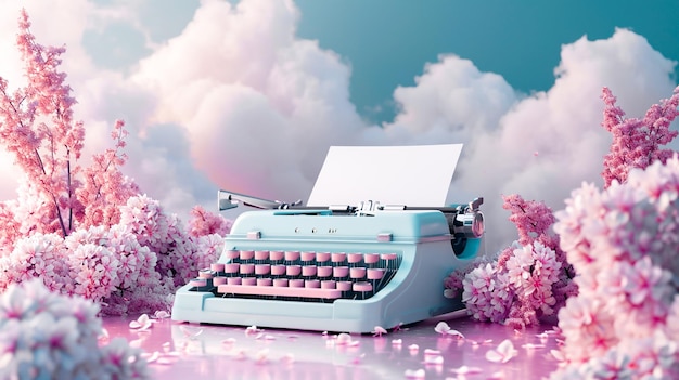 Máquina de escribir retro 3D con papel en blanco con nubes y flores