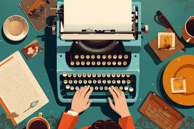 Máquina de escribir retro y manos de mujer sobre la mesa ilustración vectorial