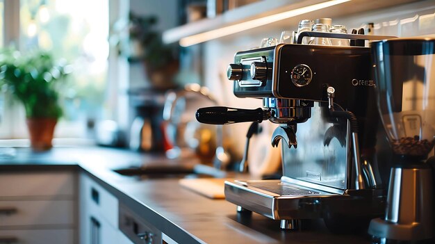 Foto una máquina de espresso se sienta en un mostrador de la cocina la máquina está hecha de acero inoxidable y tiene un mango negro