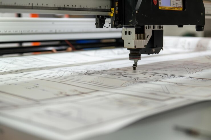 Foto una máquina está cortando un pedazo de papel con precisión y exactitud un trazado imprimiendo planos arquitectónicos detallados con precisión