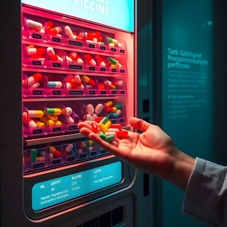 Máquina expendedora de pastillas futurista con medicamentos coloridos que se dispensan en una mano
