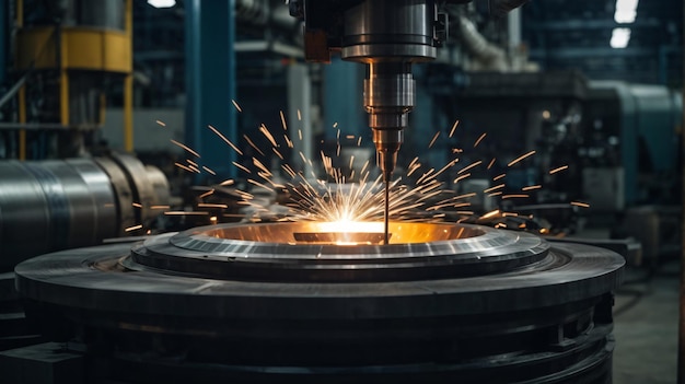 La máquina de fresado CNC que corta la parte metálica con la luz de chispas El molde de hitechnology