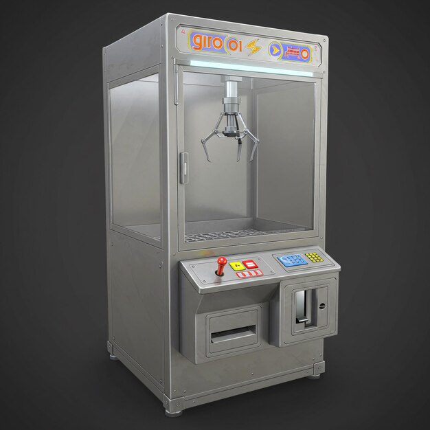 Una máquina de garras metálicas con paneles de vidrio y un panel de control con un joystick y botones