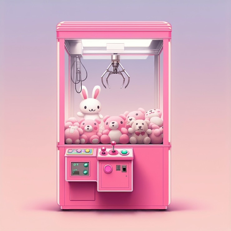 Una máquina de garras rosas llena de juguetes de peluche, incluido un conejo blanco y osos de peluque rosados