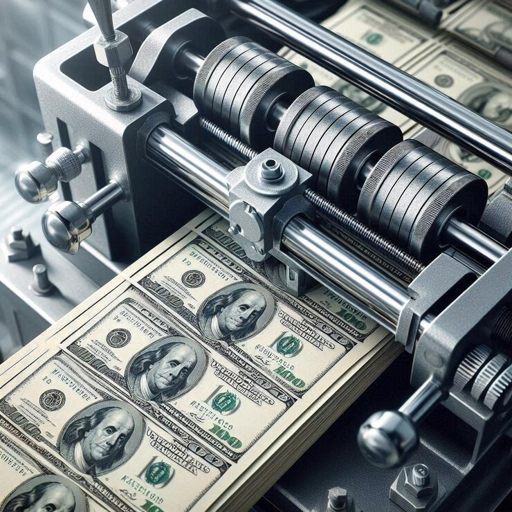 una máquina de impresión de billetes de dinero de 1 dólar estadounidense