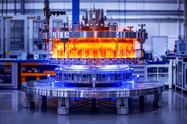 Máquina industrial automatizada de alta precisión en el trabajo con componentes metálicos calientes en la fábrica