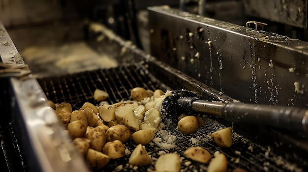 Foto máquina industrial de metal rústico para descascar batatas com superfície abrasiva rotativa