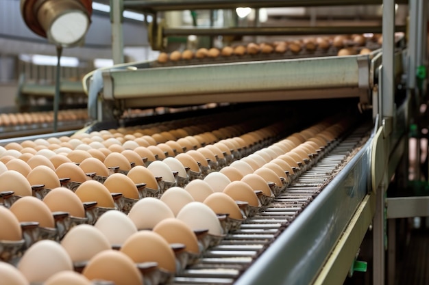 Máquina industrial de envasado de huevos en una fábrica de procesamiento de alimentos IA generativa