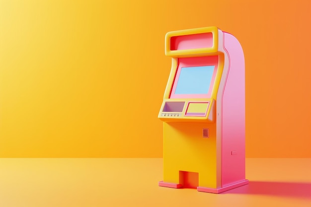 Una máquina de juegos de arcade de color naranja brillante con una pantalla rosada