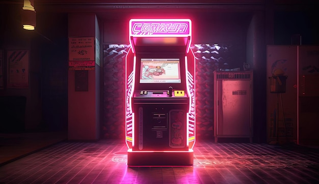 una máquina de juegos de arcade retro está iluminada con luces rosas