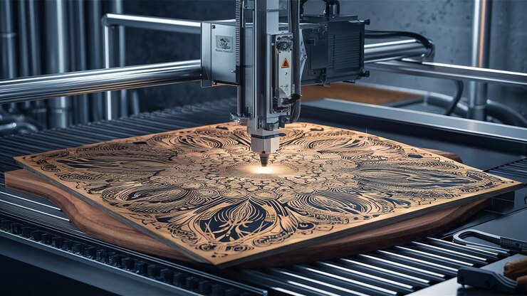 Foto una máquina láser graba meticulosamente un diseño intrincado en un pedazo de tabla de madera