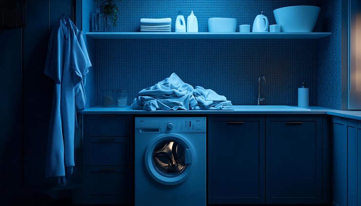 una máquina de lavar en una habitación oscura con una luz azul en la parte superior