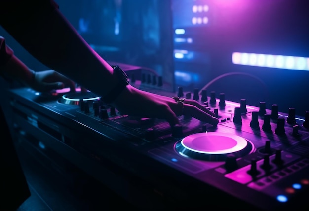 Una máquina mezcladora de dj está instalada en un club nocturno.