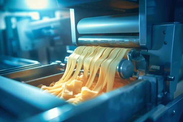 Foto una máquina que amasa y da forma delicadamente a la masa de pasta creando hebras de pasta perfectamente formadas