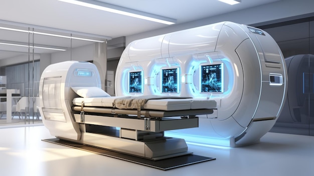 Máquina de rayos X con pantalla iluminada y fondo de la habitación