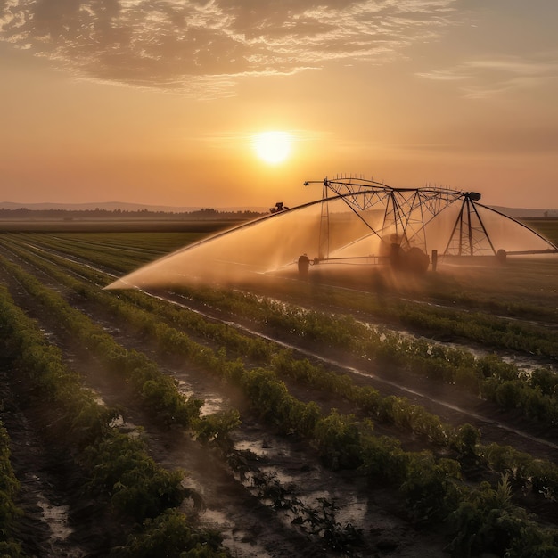 Máquina de riego agrícola que riega un ai generativo vegetal.