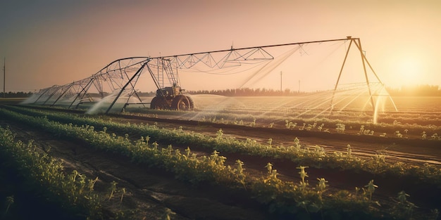 Máquina de riego agrícola que riega un campo vegetal al atardecer