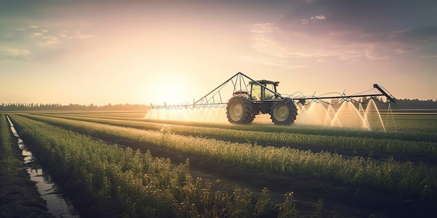 Máquina de riego agrícola que riega un campo vegetal al atardecer