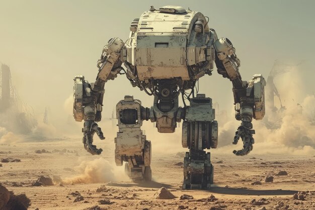 Una máquina robótica está sola en medio de un vasto desierto rodeado de arena y bajo el cielo abierto un robot soldado en medio de una zona de guerra generada por IA