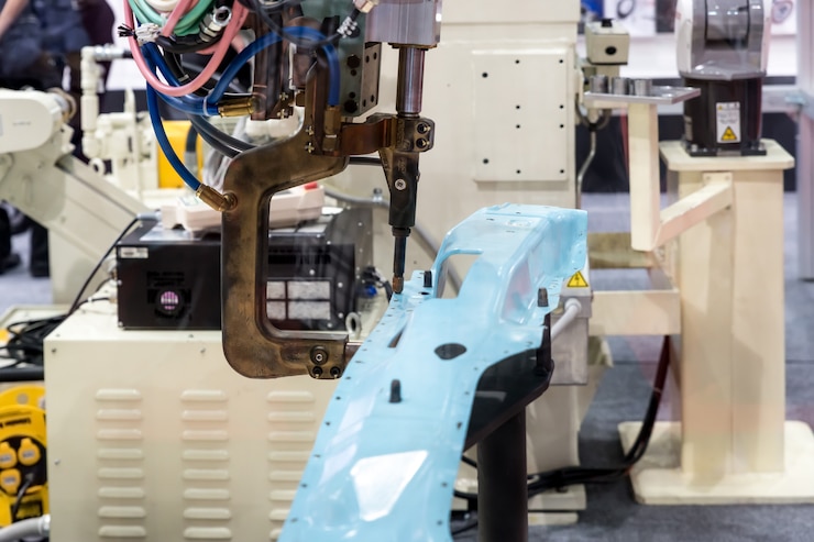 Foto máquina de soldadura por puntos para la industria automotriz en fábrica. fábrica inteligente.
