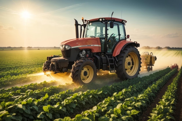 Máquina de tractor que pulveriza fertilizante pesticida en el cultivo de soja tierras de cultivo agricultura agricultura