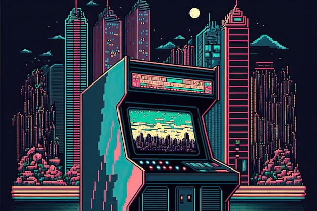 Máquina tragamonedas de pixel art arcade con fondo de ciudad en estilo retro para juego de 8 bits IA generativa