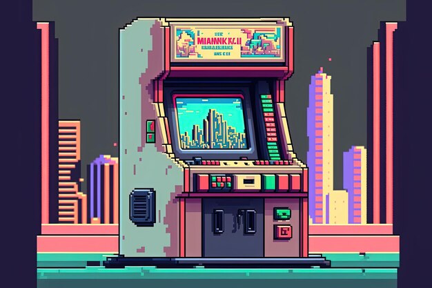 Máquina tragamonedas Pixel Art con fondo de ciudad en estilo retro para juegos de 8 bits con IA