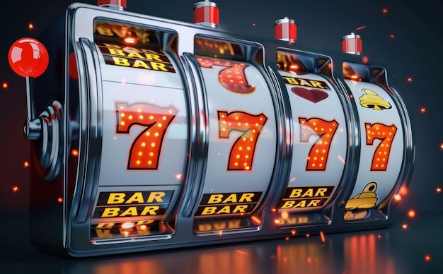 Máquina tragamonedas con siete y siete afortunados premio mayor en el tema del casino para el juego y el concepto de entretenimiento