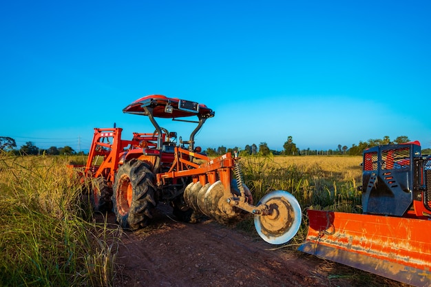 Maquinaria agrícola en los campos de arroz al atardecer