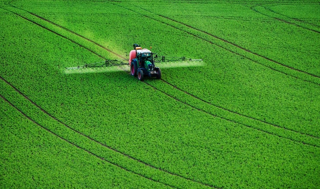 Maquinaria agrícola rociando insecticida al fondo de primavera estacional natural agrícola de campo verde