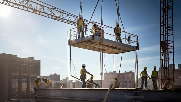 La maquinaria de construcción como un equipo calificado opera metódicamente una grúa torre levantando y colocando materiales de construcción en su posición sin problemas Generado por IA