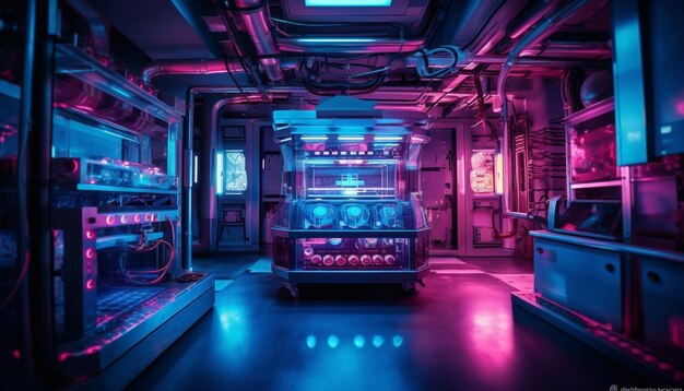 La maquinaria futurista ilumina el club nocturno moderno con equipos de iluminación azul generados por inteligencia artificial
