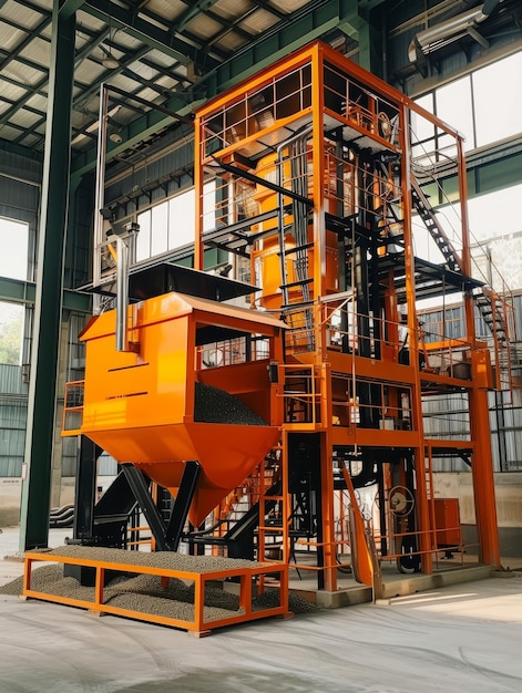 Maquinaria industrial naranja en un entorno de fábrica que simboliza el poder de fabricación