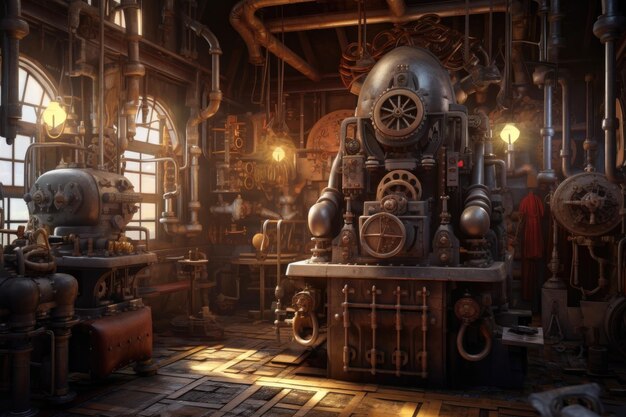 Maquinaria inspirada en Steampunk en un taller creado con inteligencia artificial generativa