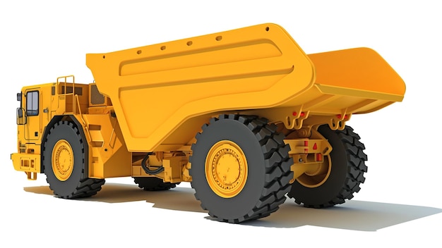 Maquinaria pesada de construcción de camiones de descarga de minería representación 3D en fondo blanco