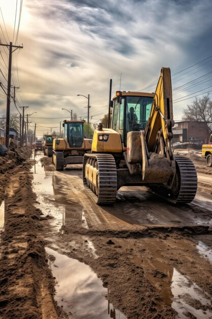 Maquinaria pesada trabajando en un proyecto de construcción de carreteras creado con IA generativa