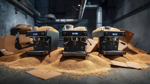 Máquinas de café cerca de granos esparcidos y cartón
