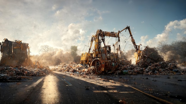 Máquinas de construcción abandonadas en la ilustración de arte de pintura digital