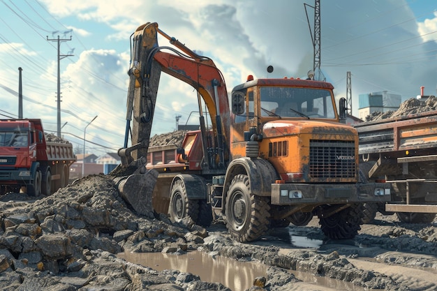 Máquinas de construcción Excavador cargando camiones con tierra