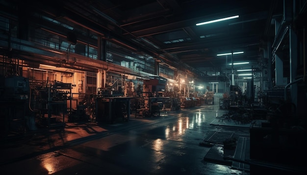 Máquinas de aço brilhantes iluminam edifícios industriais modernos gerados por IA
