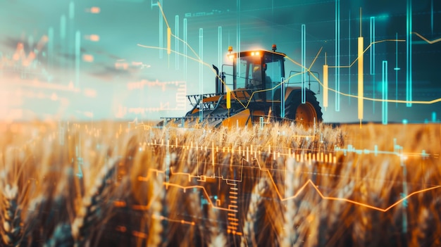 Máquinas de colheita em um campo de trigo dourado com gráficos de crescimento do mercado de ações e setas