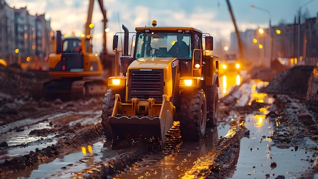 Foto máquinas de construção para construção de edifícios e estradas conceito excavadoras bulldozers guindastes asfalto pavimentadores rodoviários