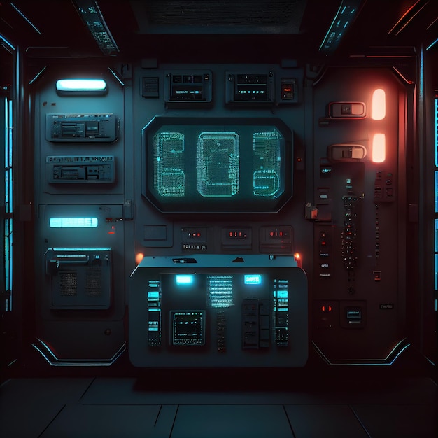 Máquinas delicadas e painel de controle na sala escura do interior futurista scifi criado com generativ