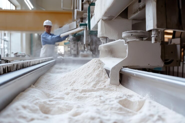 Máquinas eléctricas modernas para la producción El operador comprueba los productos alimenticios terminados Harina de trigo
