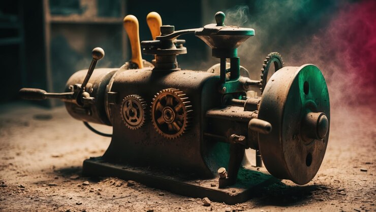 Foto máquinas industriais antigas exibindo engrenagens intrincadas e textura envelhecida imersas em iluminação atmosférica a superfície empoeirada destaca o artesanato e os detalhes mecânicos
