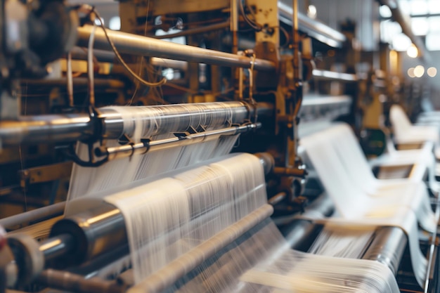 Máquinas industriales en una fábrica textil que teje telas con automatización y proceso de producción