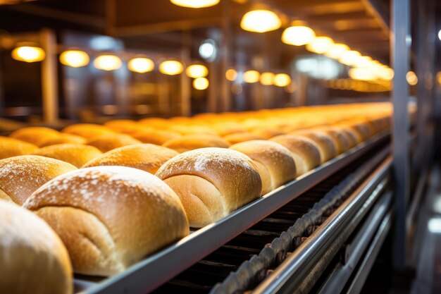 Foto máquinas modernas de fabricação de pão em uma linha de produção em uma padaria automatizada